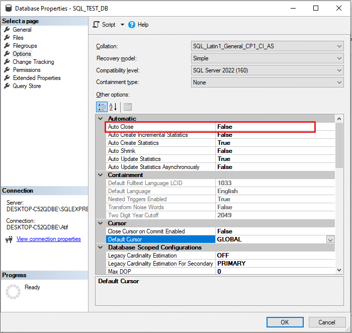How to AUTO CLOSE option in SQL Server Management