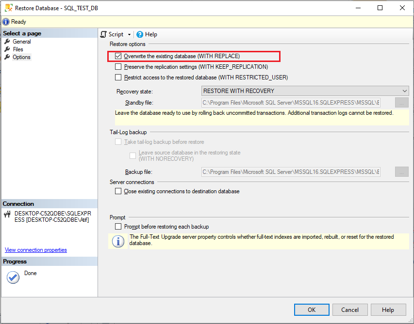 Backup file sets to restore section