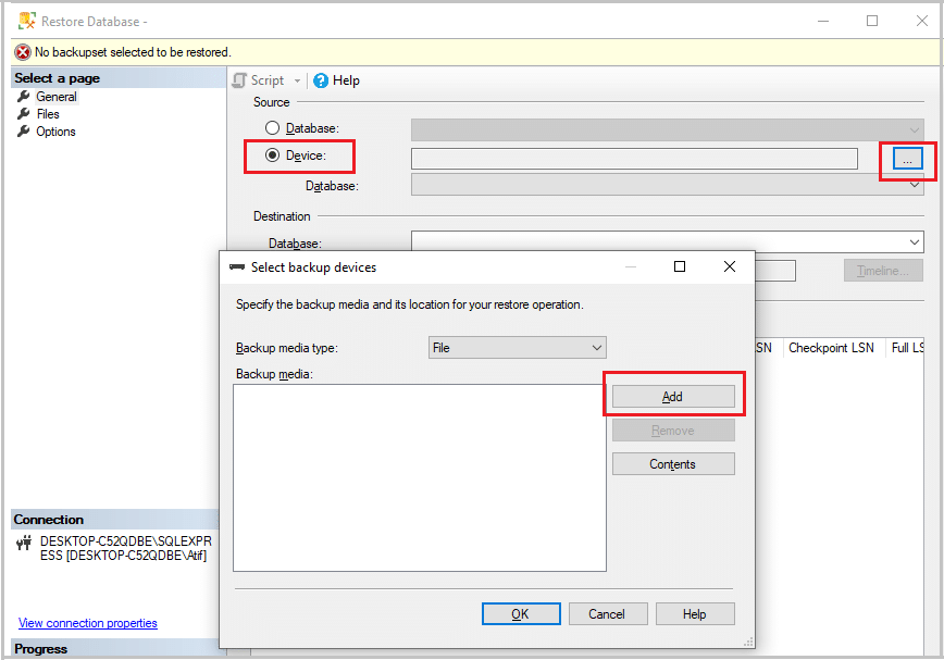 how to restore database and select backup devices