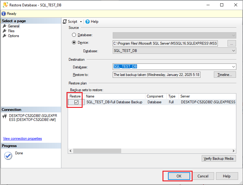 Selecting the database backup file