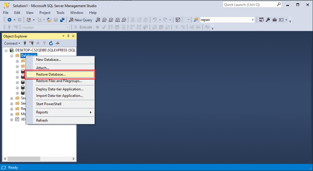 How to use the Backup file to restore the Database