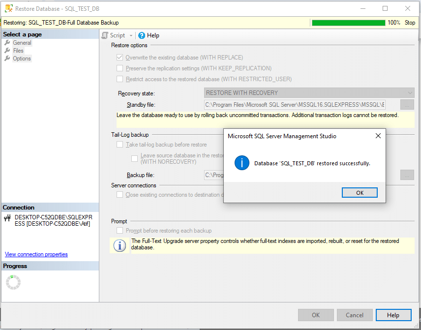 database file restored successfully