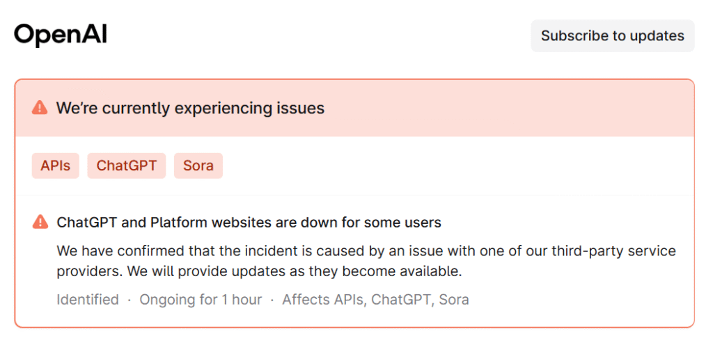 Openai Offcial status on ChatGPT Down