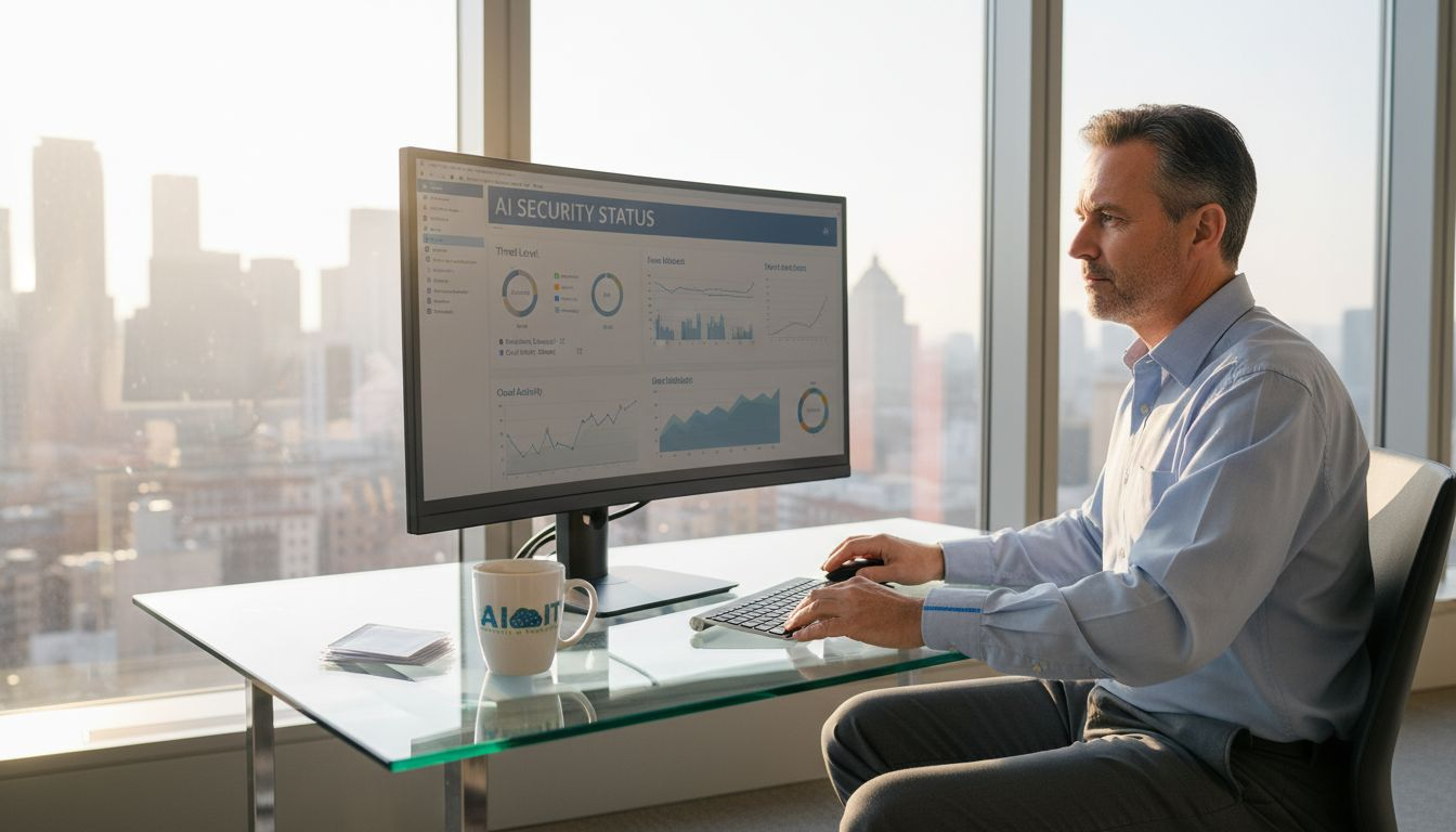 IT manager reviews AI security dashboard