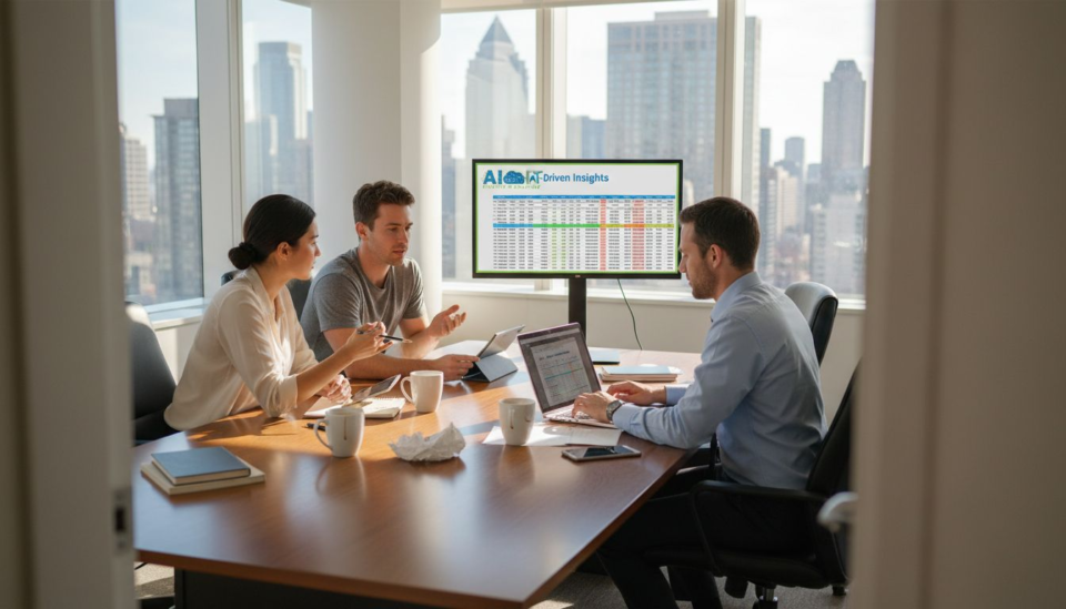 Business analysts discussing data insights