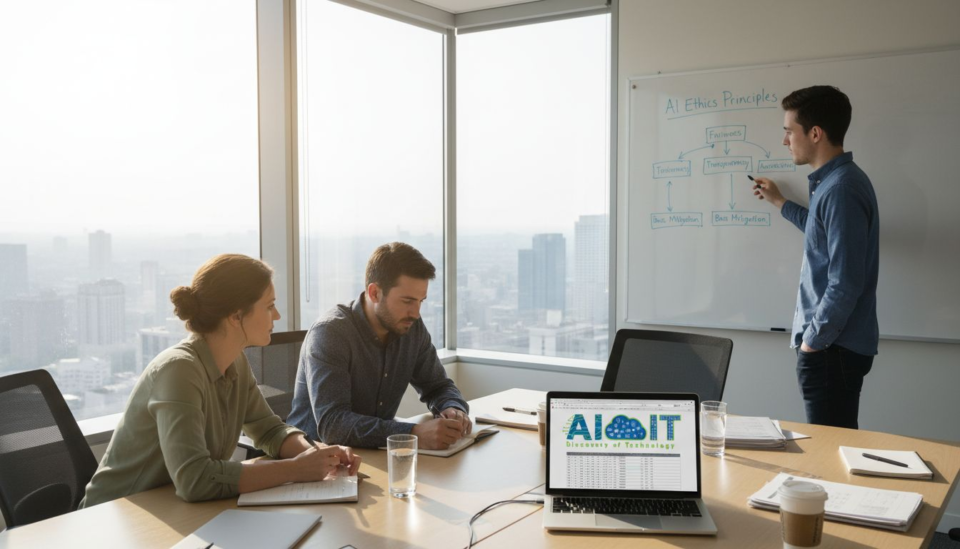 Team reviewing AI ethics on office whiteboard