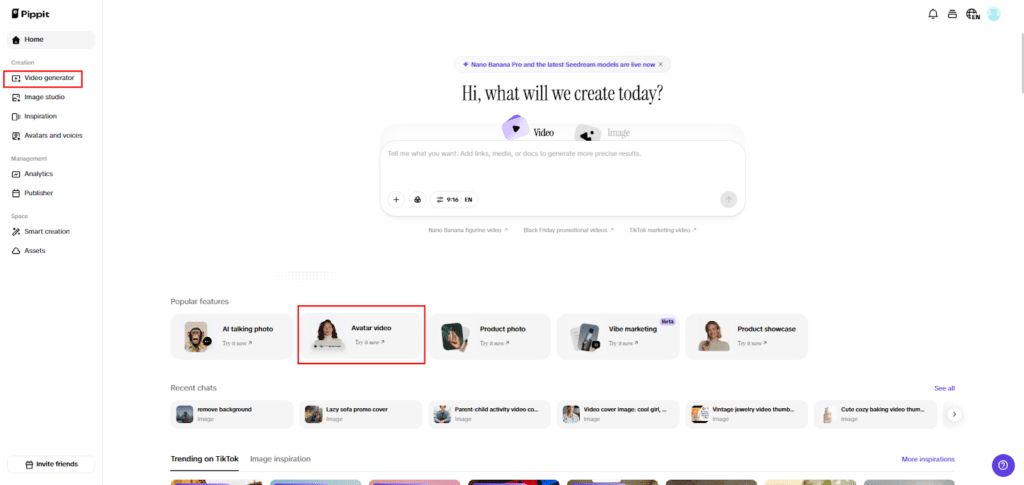 Open the AI video workspace and pick avatars
