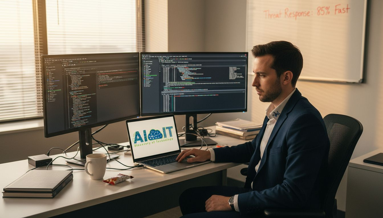 Cybersecurity analyst working in corner office