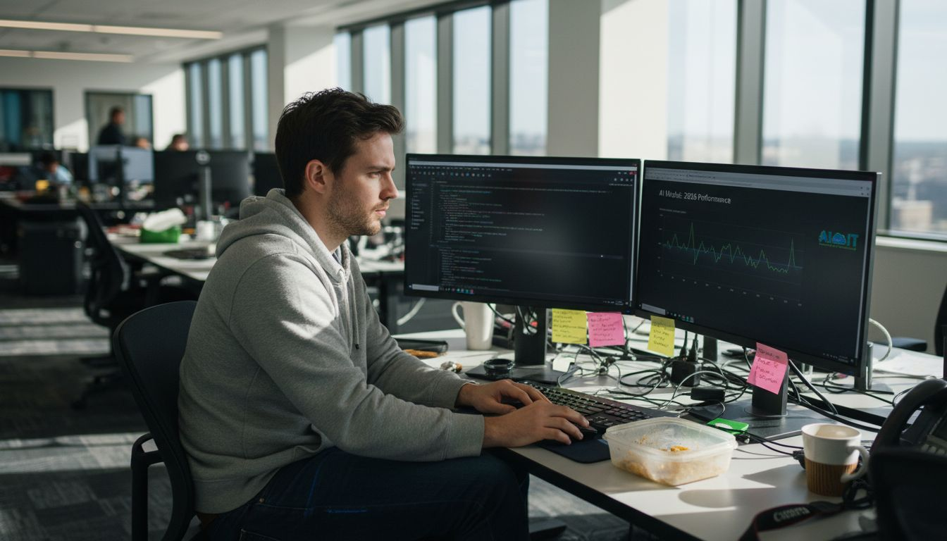 Data engineer reviewing AI performance metrics