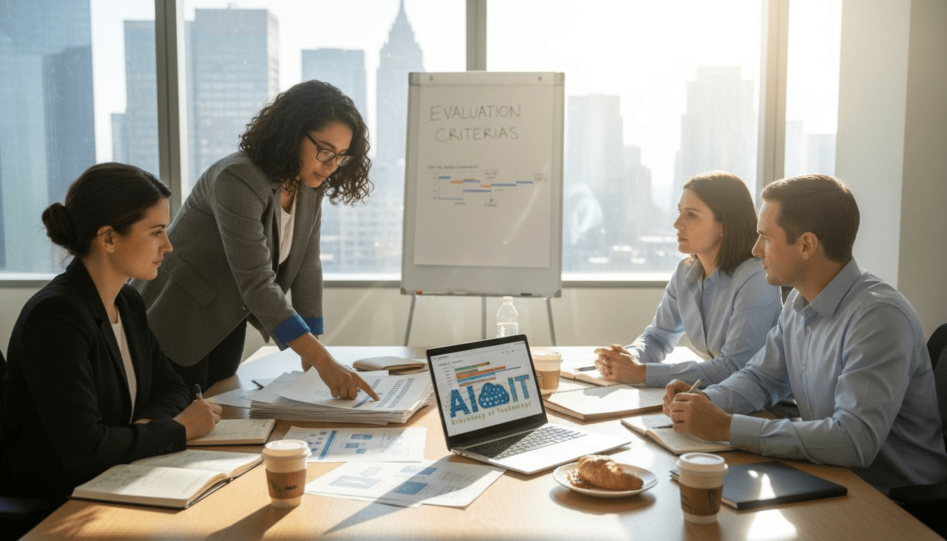 IT leaders reviewing AI proposals in office