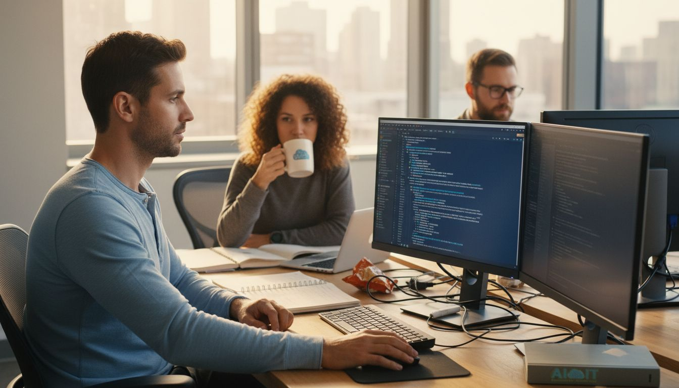AI monitoring team working at cluttered desks