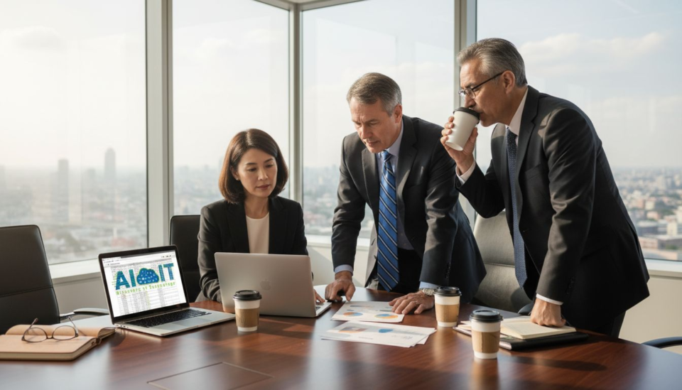 Executives discuss AI strategy in corner office