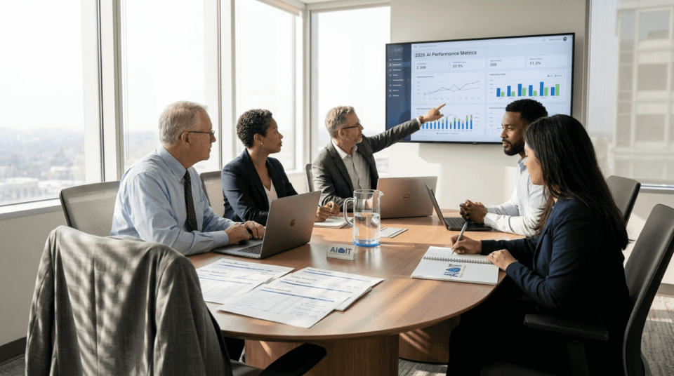 Business team reviewing BI dashboard in office