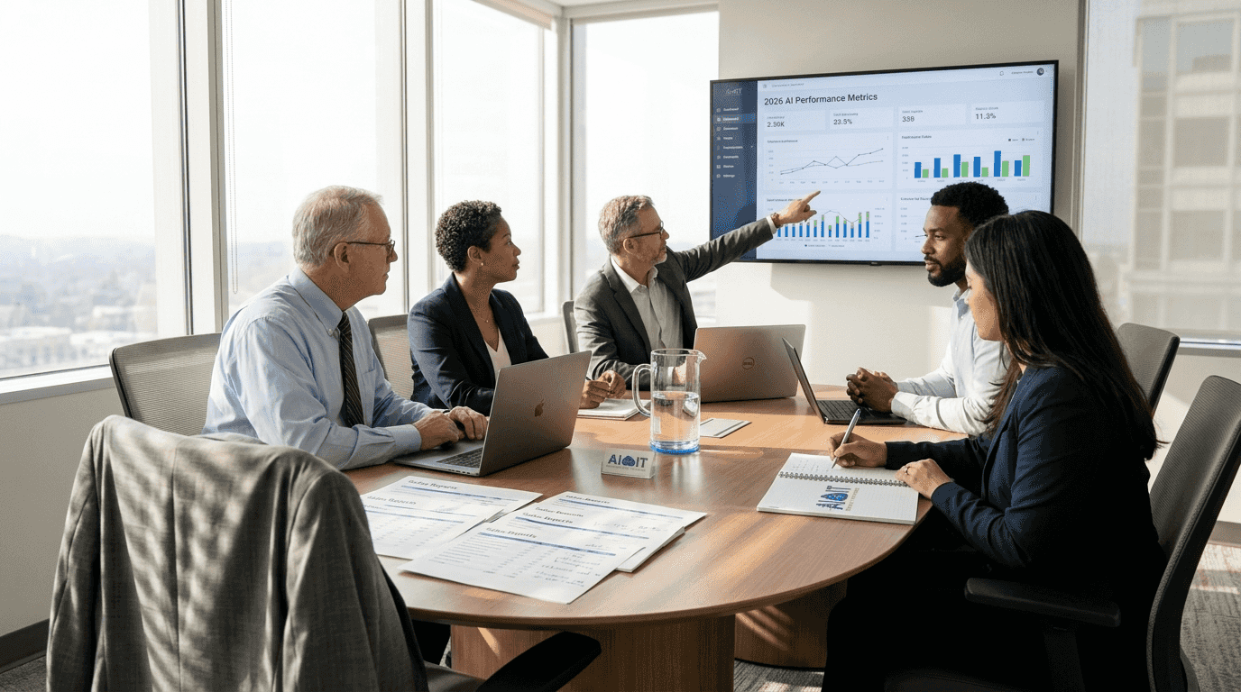 Business team reviewing BI dashboard in office