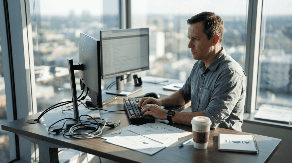 IT professional configuring cloud workspace