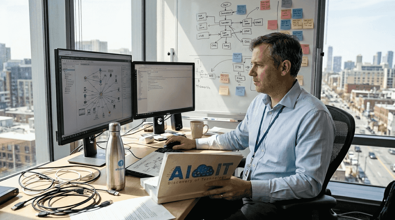 IT architect planning cloud systems at desk