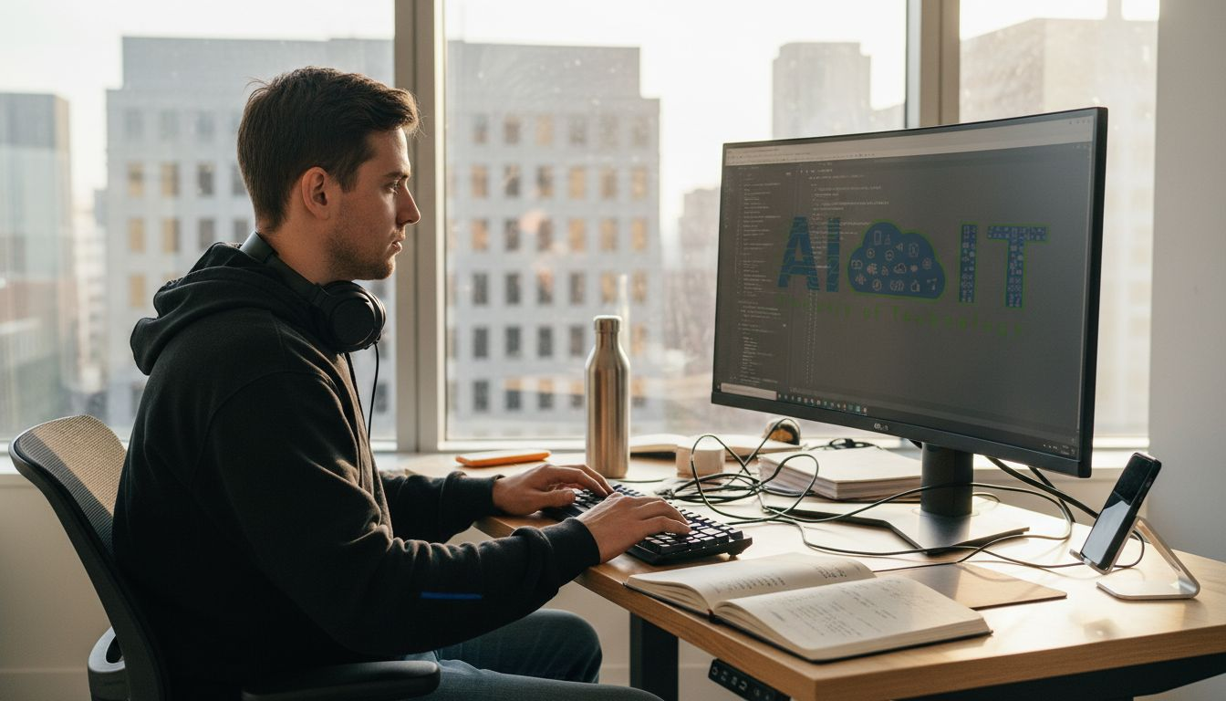 Developer working with AI coding tools in office