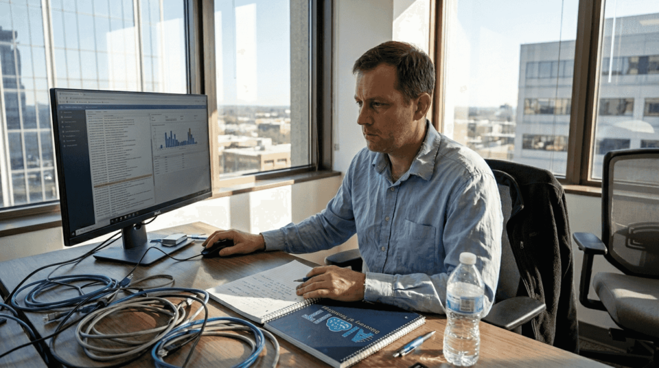 IT manager reviewing AI-driven alerts in office