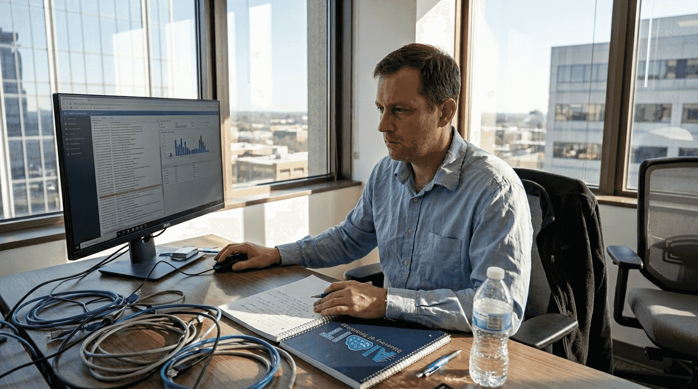 IT manager reviewing AI-driven alerts in office